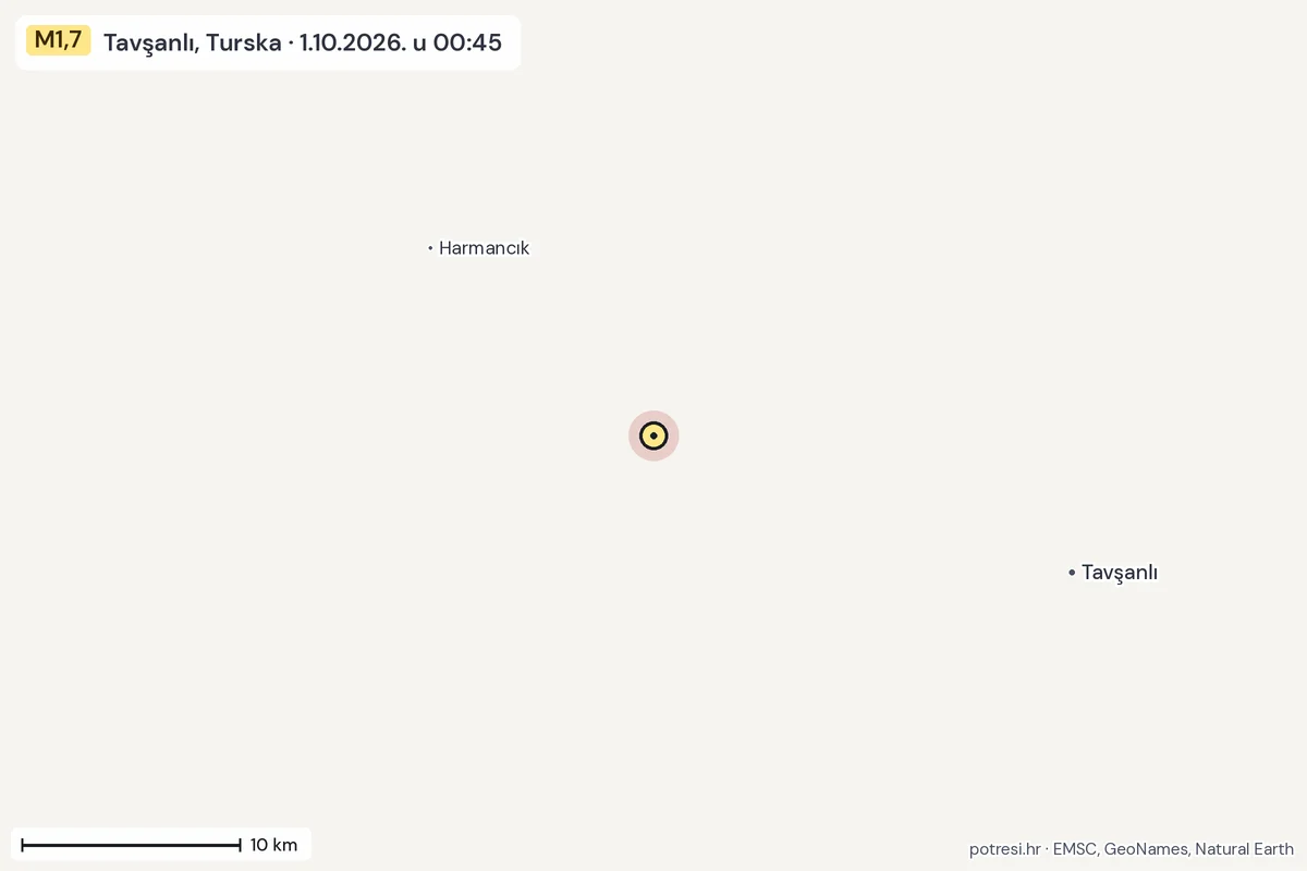 Karta: okolica epicentra, 60 km, potres M1,7, Tavşanlı, Turska, 1.10.2026.