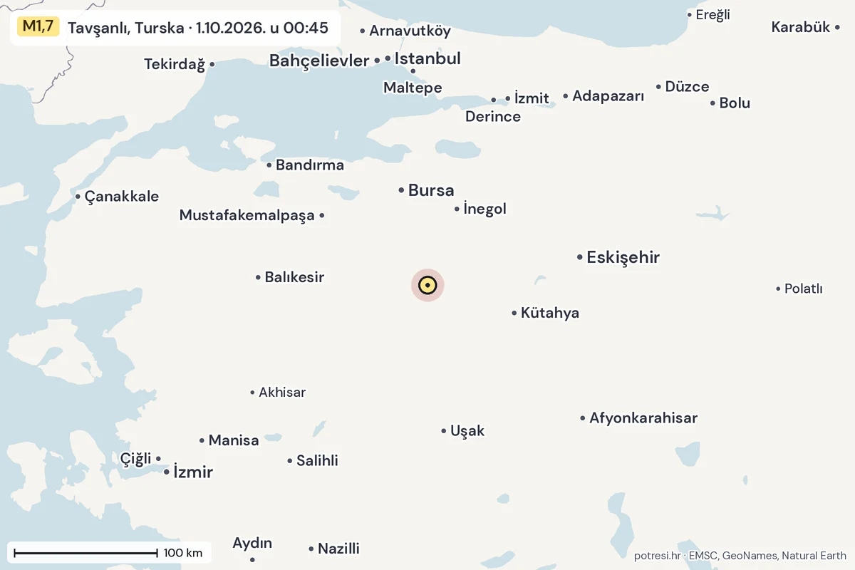 Karta: šire područje, 600 km, potres M1,7, Tavşanlı, Turska, 1.10.2026.