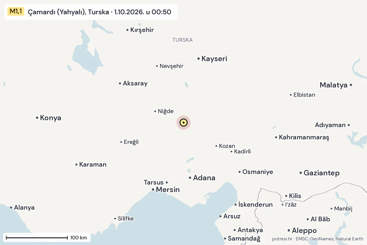 Karta: šire područje, 600 km, potres M1,1, Çamardı (Yahyalı), Turska, 1.10.2026.