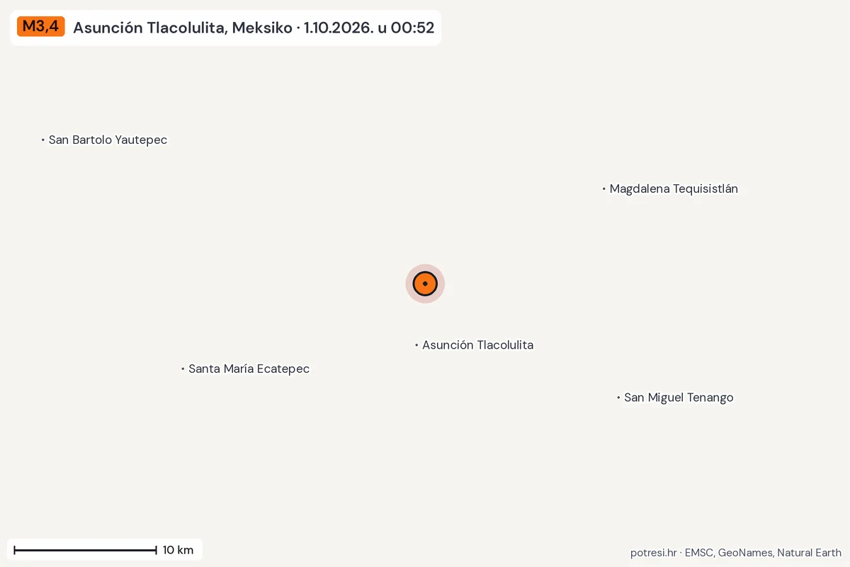 Karta: okolica epicentra, 60 km, potres M3,4, Asunción Tlacolulita, Meksiko, 1.10.2026.