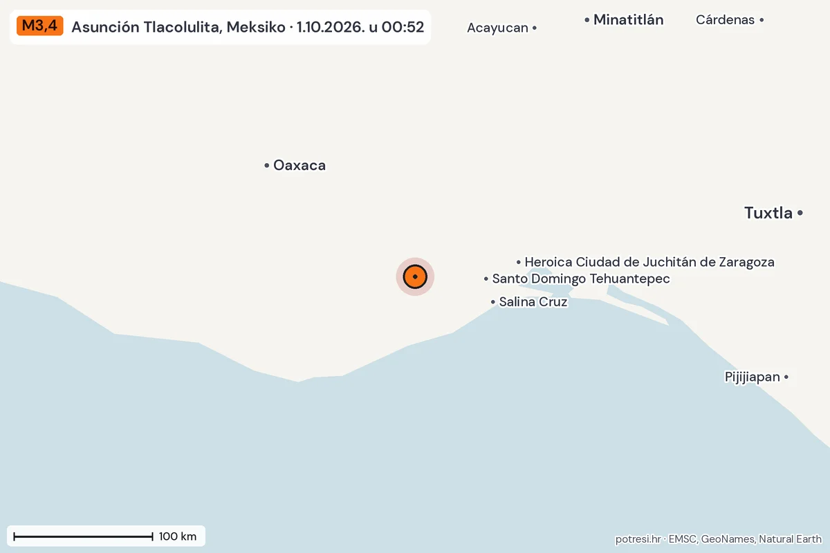 Karta: šire područje, 600 km, potres M3,4, Asunción Tlacolulita, Meksiko, 1.10.2026.