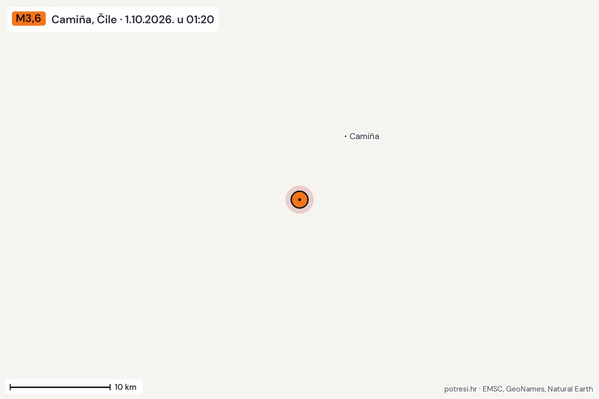 Karta: okolica epicentra, 60 km, potres M3,6, Camiña, Čile, 1.10.2026.