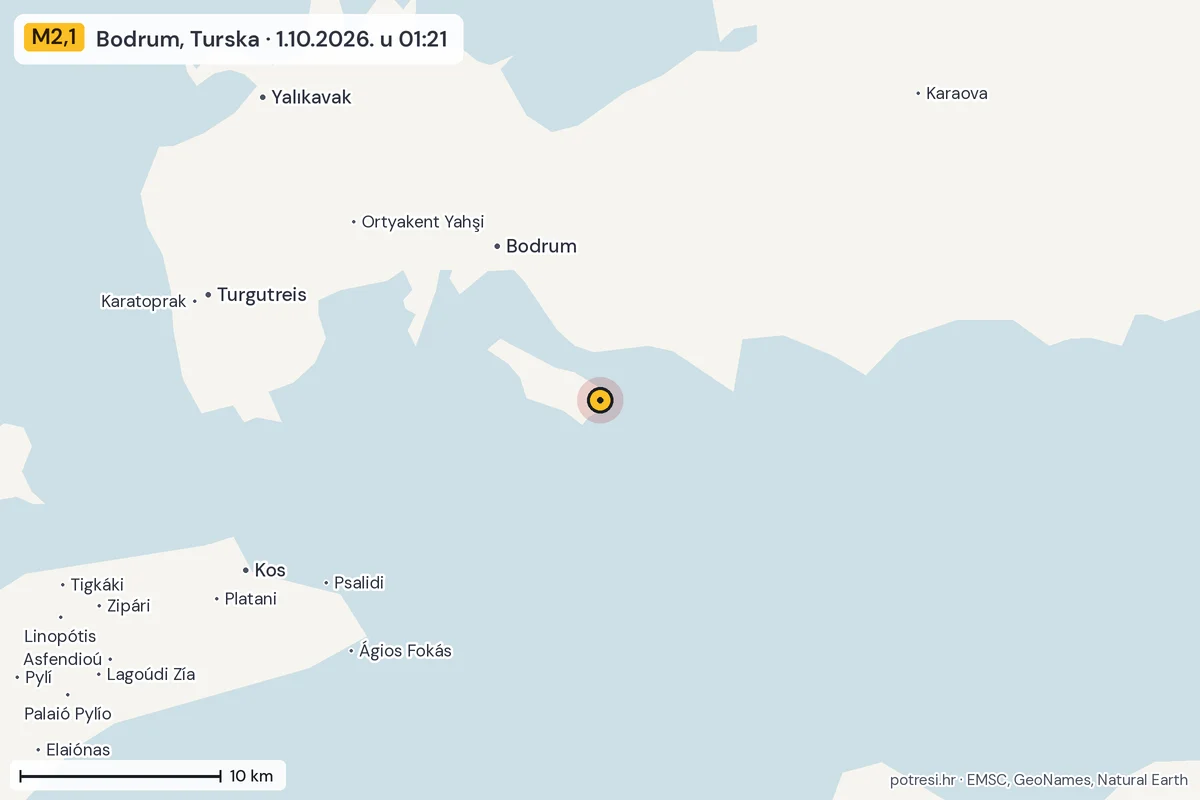 Karta: okolica epicentra, 60 km, potres M2,1, Bodrum, Turska, 1.10.2026.