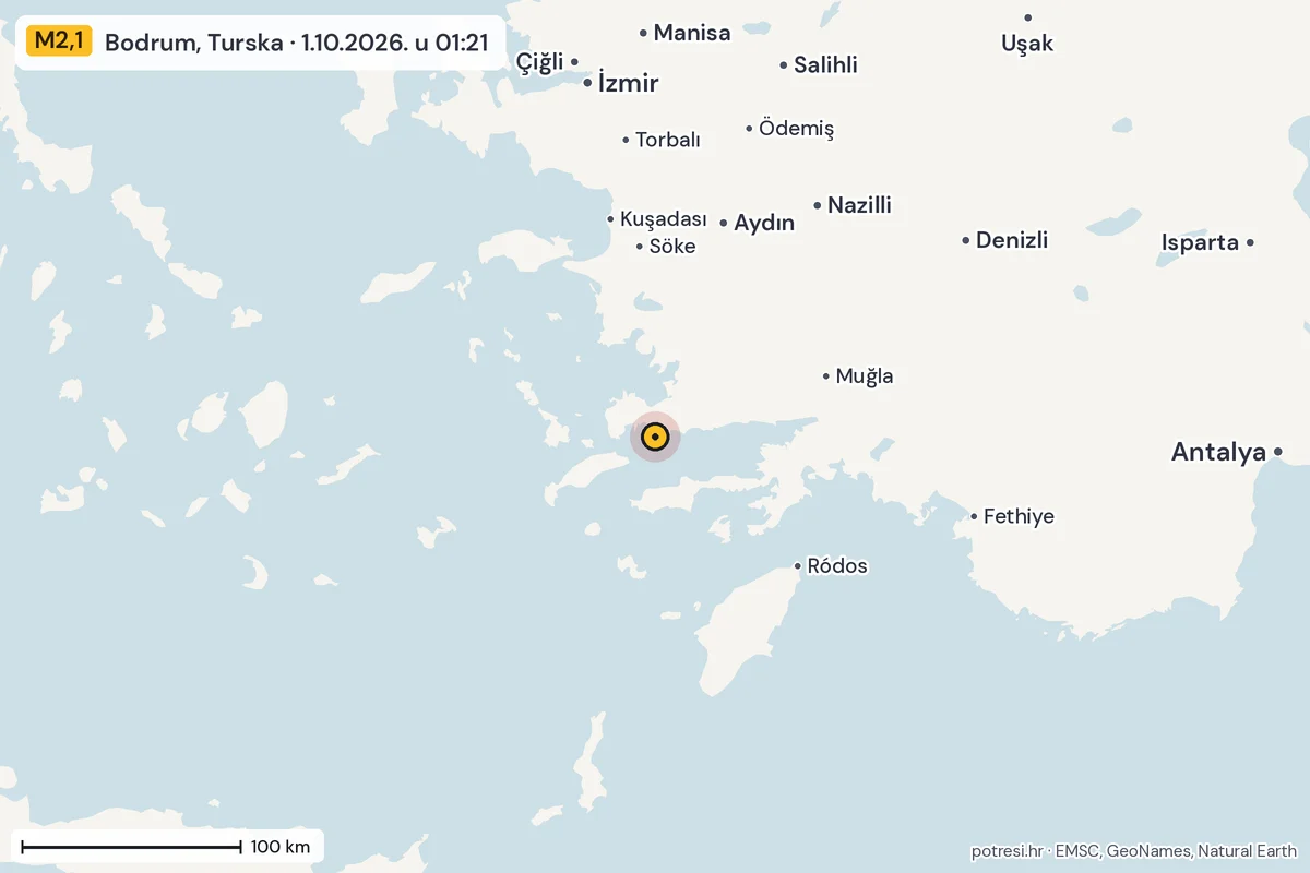 Karta: šire područje, 600 km, potres M2,1, Bodrum, Turska, 1.10.2026.