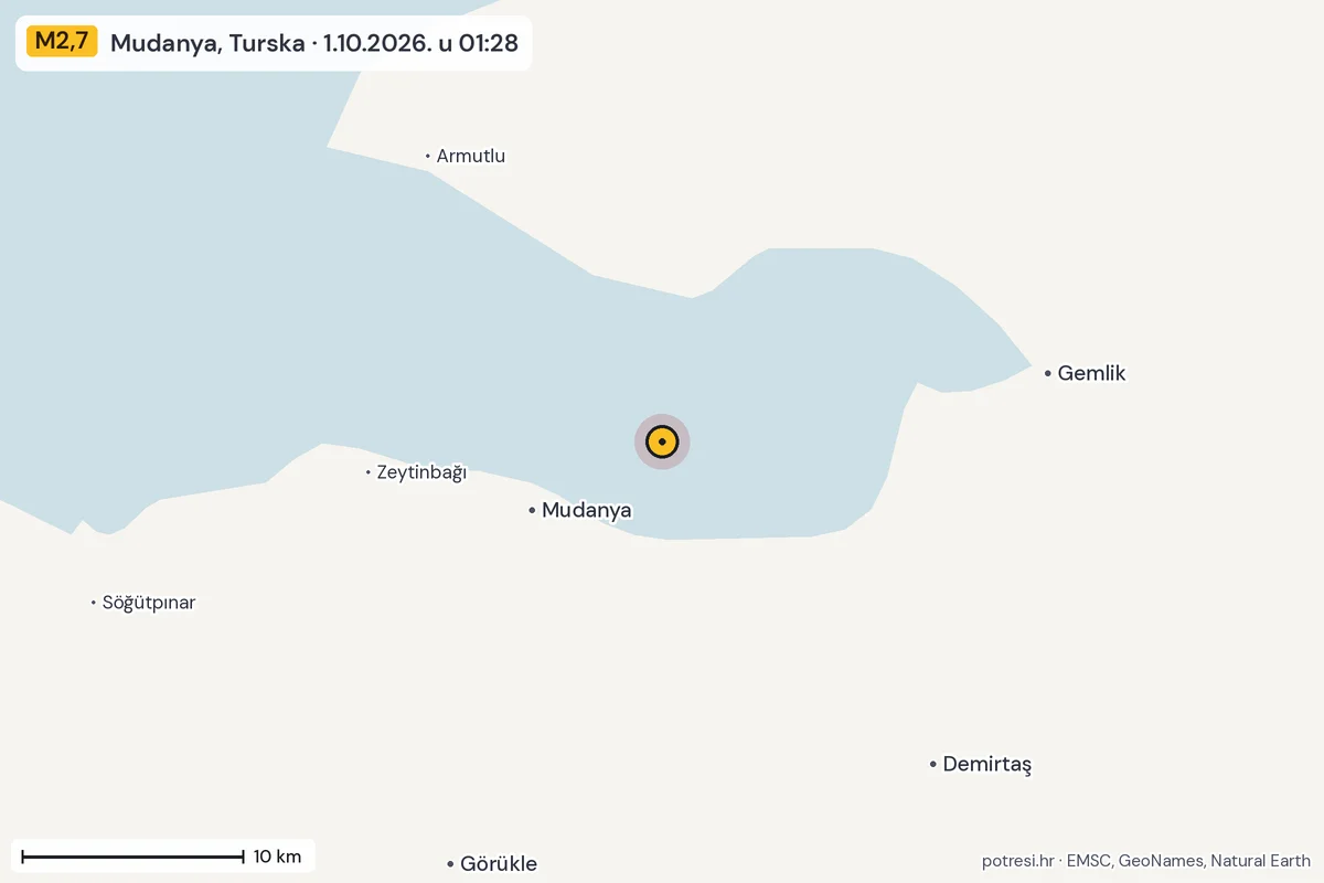 Karta: okolica epicentra, 60 km, potres M2,7, Mudanya, Turska, 1.10.2026.
