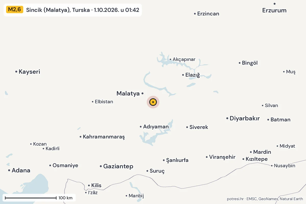 Karta: šire područje, 600 km, potres M2,6, Sincik (Malatya), Turska, 1.10.2026.