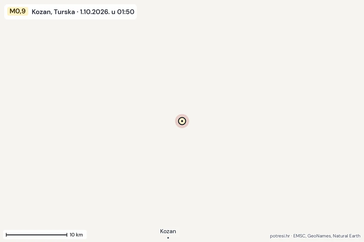 Karta: okolica epicentra, 60 km, potres M0,9, Kozan, Turska, 1.10.2026.
