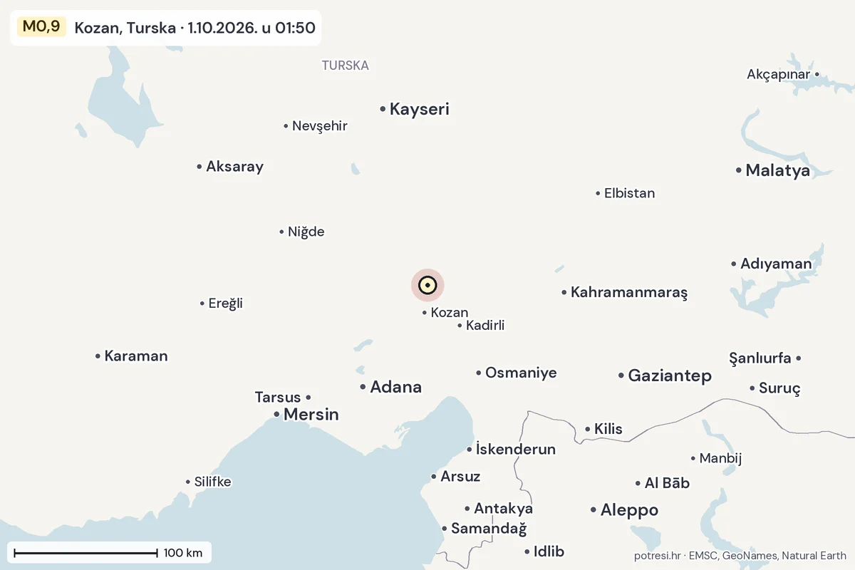 Karta: šire područje, 600 km, potres M0,9, Kozan, Turska, 1.10.2026.