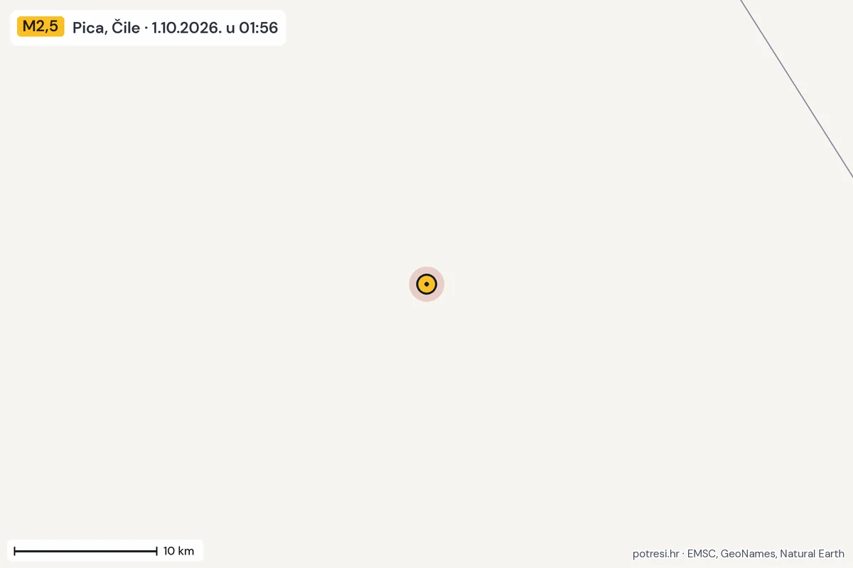 Karta: okolica epicentra, 60 km, potres M2,5, Pica, Čile, 1.10.2026.
