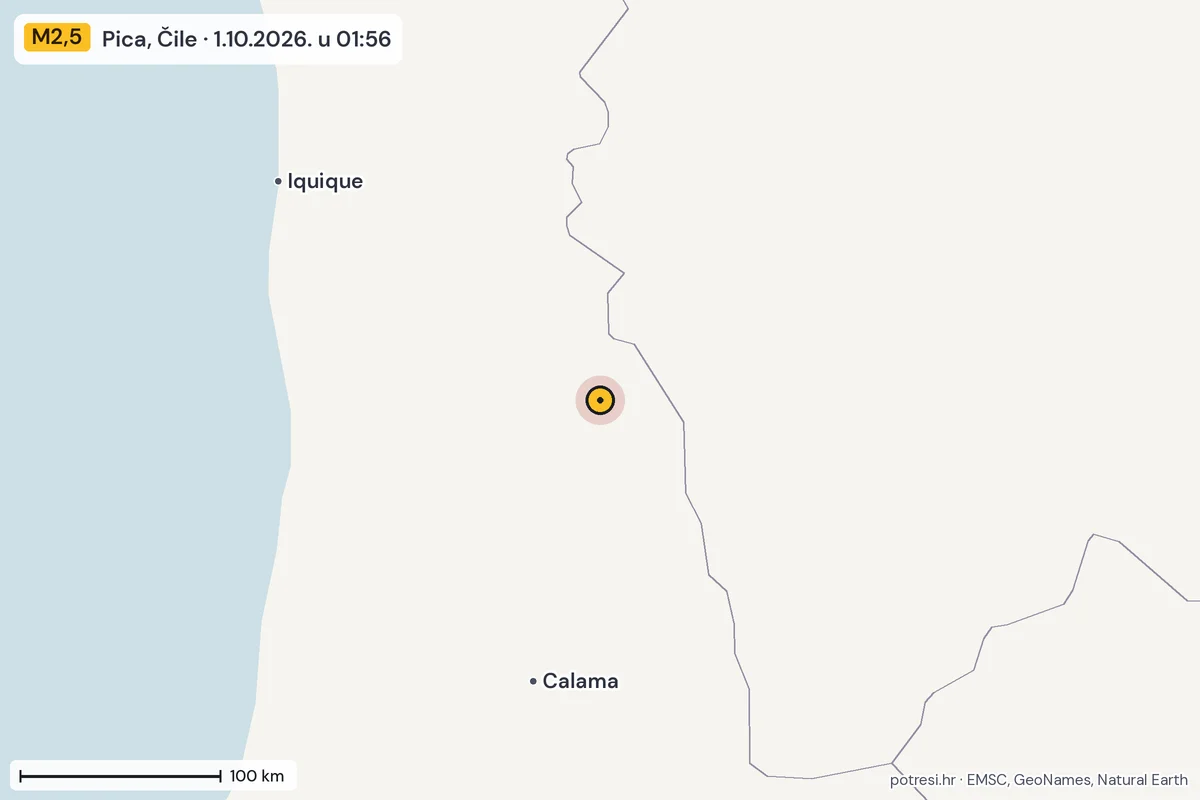 Karta: šire područje, 600 km, potres M2,5, Pica, Čile, 1.10.2026.