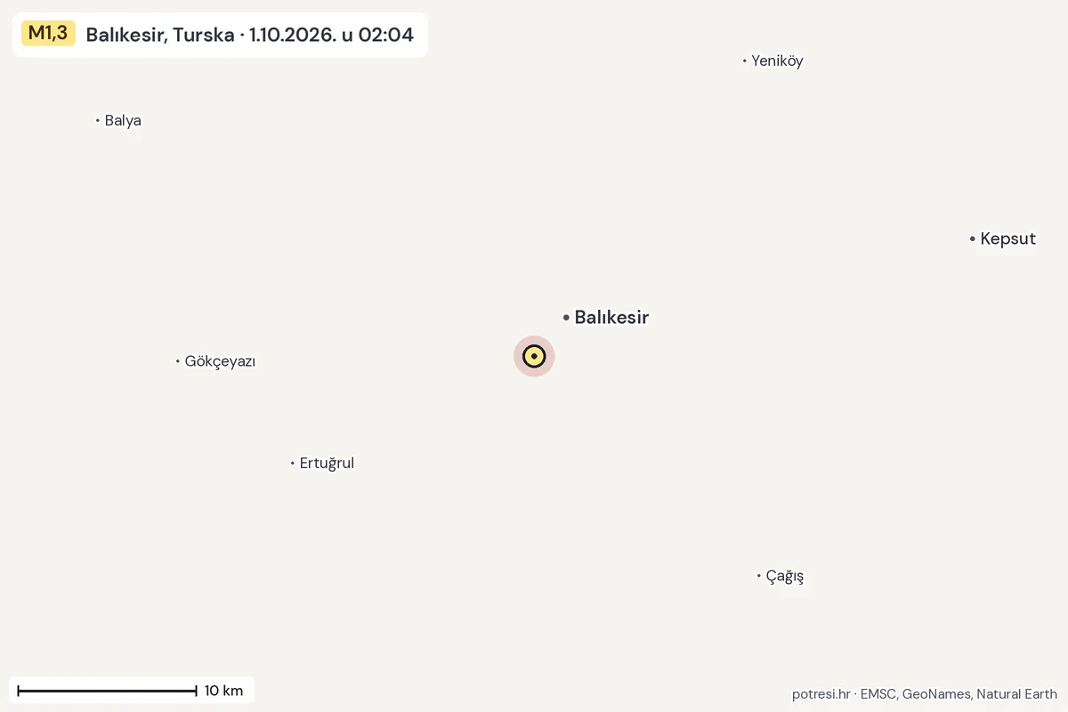 Karta: okolica epicentra, 60 km, potres M1,3, Balıkesir, Turska, 1.10.2026.