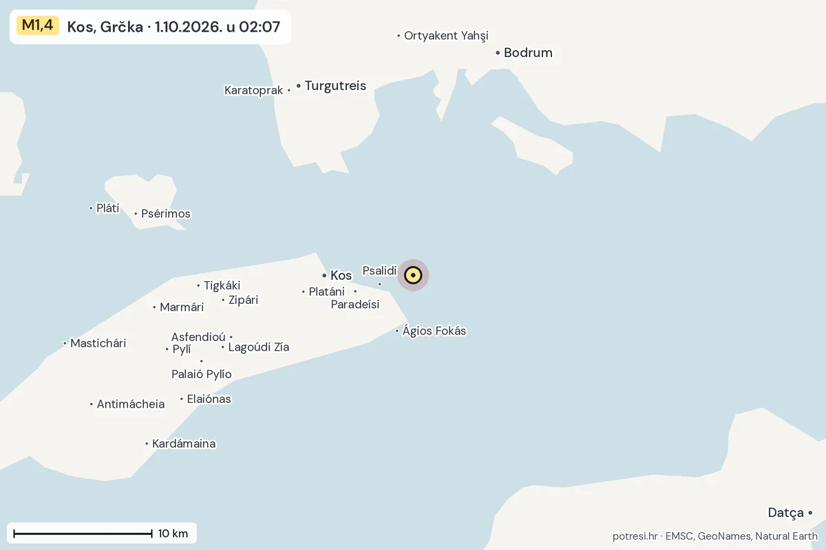 Karta: okolica epicentra, 60 km, potres M1,4, Kos, Grčka, 1.10.2026.