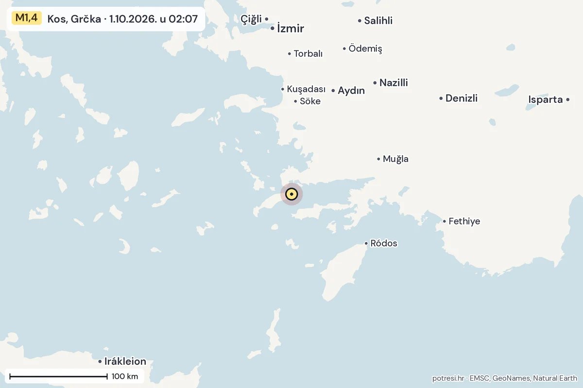 Karta: šire područje, 600 km, potres M1,4, Kos, Grčka, 1.10.2026.