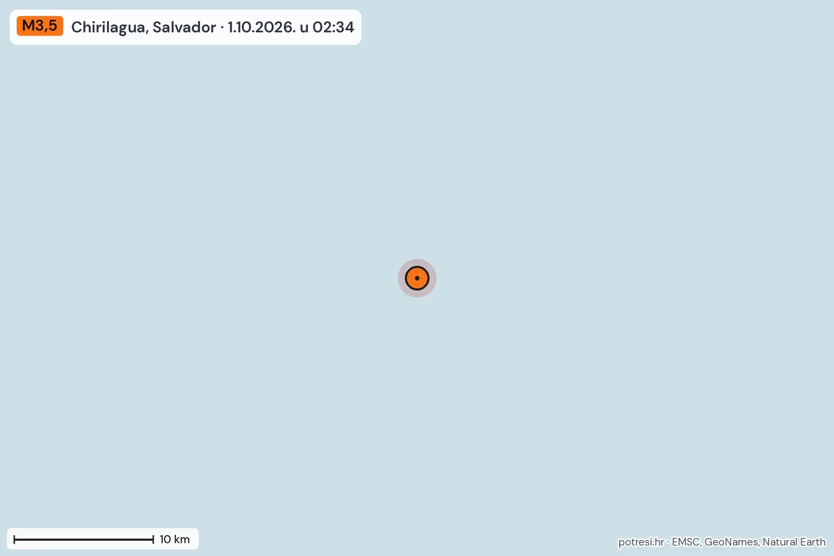Karta: okolica epicentra, 60 km, potres M3,5, Chirilagua, Salvador, 1.10.2026.