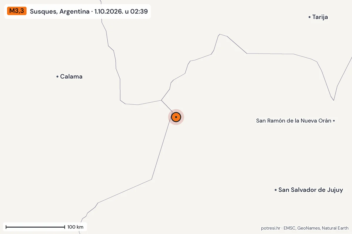 Karta: šire područje, 600 km, potres M3,3, Susques, Argentina, 1.10.2026.