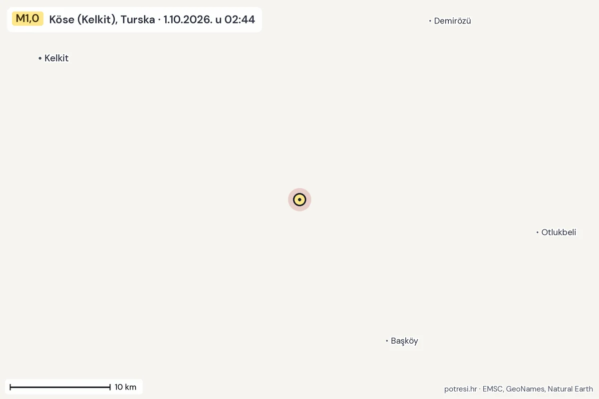 Karta: okolica epicentra, 60 km, potres M1,0, Köse (Kelkit), Turska, 1.10.2026.