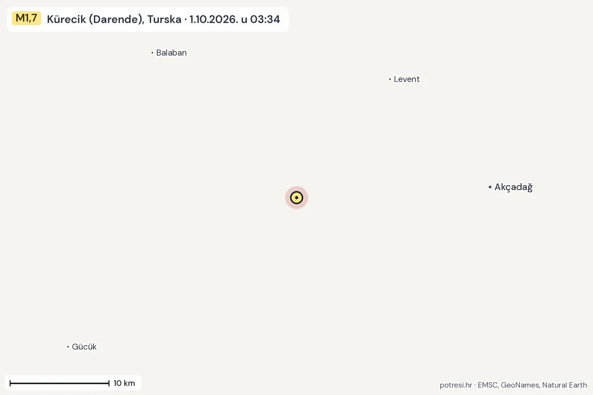 Karta: okolica epicentra, 60 km, potres M1,7, Kürecik (Darende), Turska, 1.10.2026.