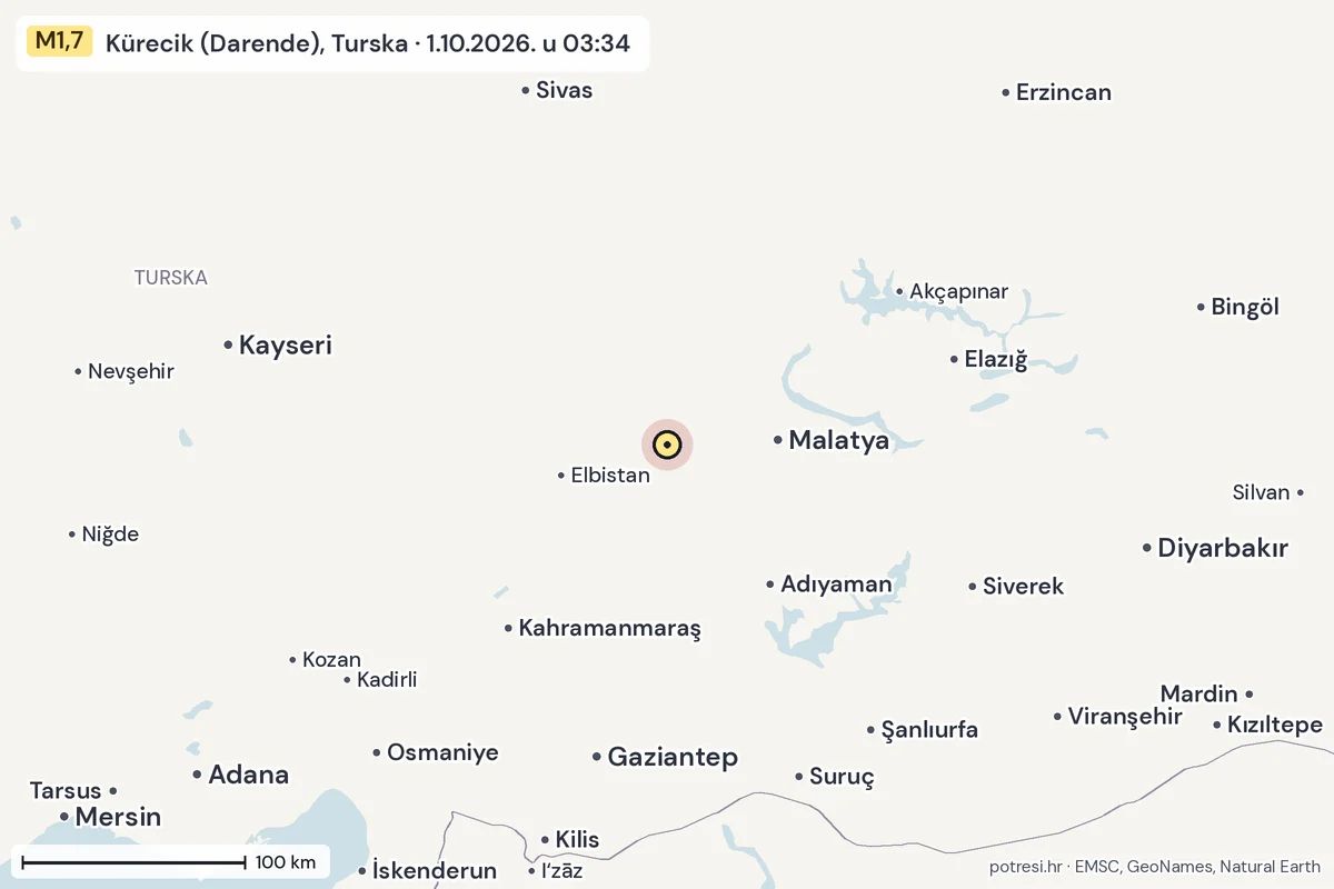 Karta: šire područje, 600 km, potres M1,7, Kürecik (Darende), Turska, 1.10.2026.