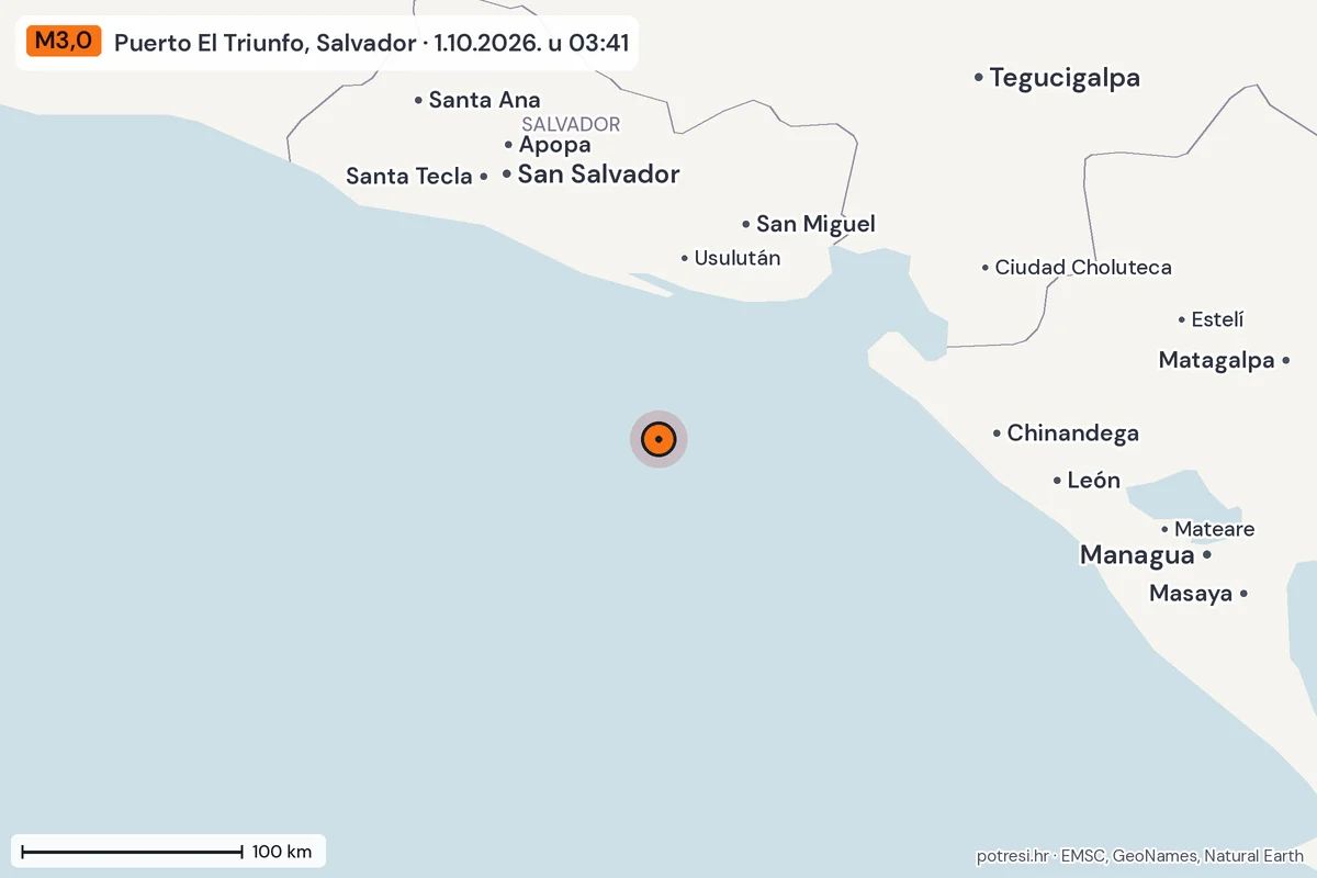 Karta: šire područje, 600 km, potres M3,0, Puerto El Triunfo, Salvador, 1.10.2026.