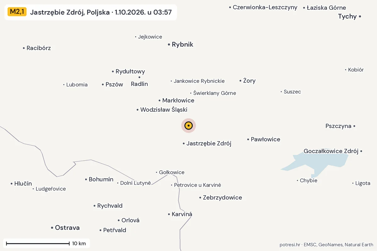Karta: okolica epicentra, 60 km, potres M2,1, Jastrzębie Zdrój, Poljska, 1.10.2026.