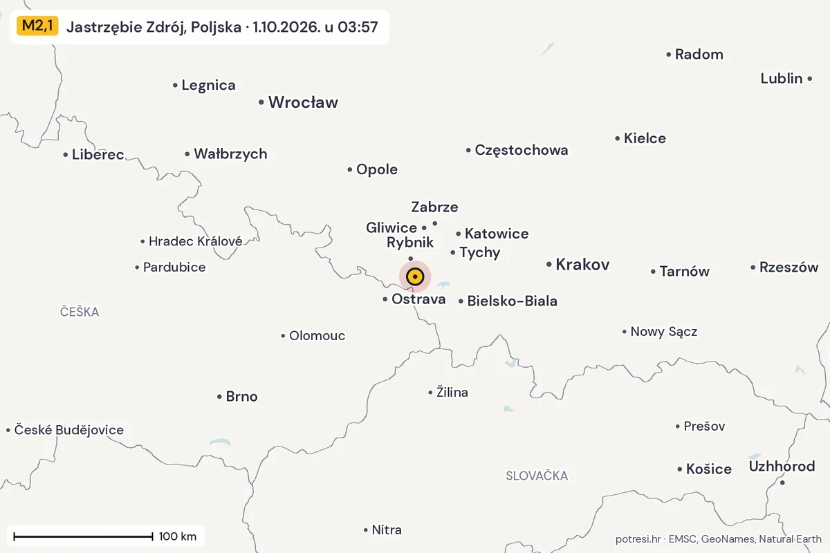Karta: šire područje, 600 km, potres M2,1, Jastrzębie Zdrój, Poljska, 1.10.2026.