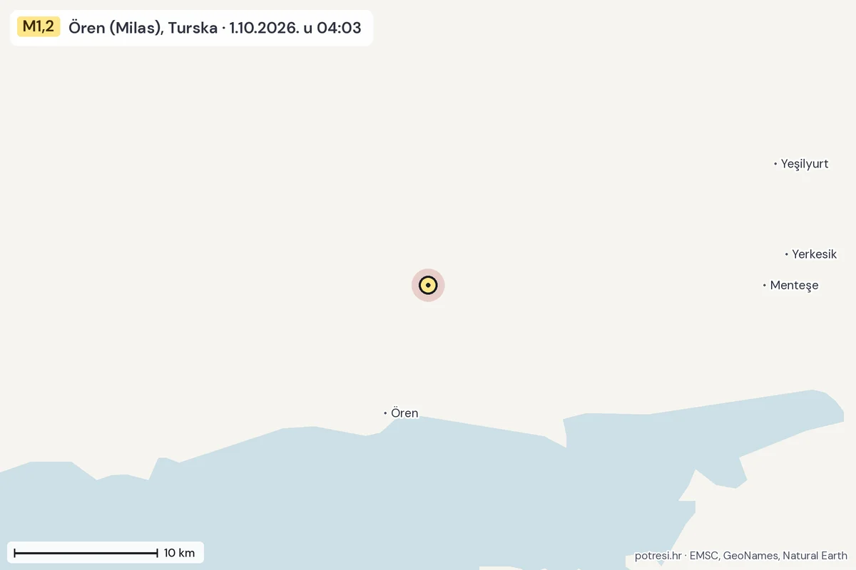 Karta: okolica epicentra, 60 km, potres M1,2, Ören (Milas), Turska, 1.10.2026.