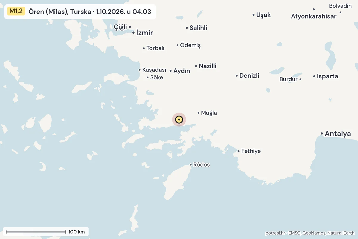Karta: šire područje, 600 km, potres M1,2, Ören (Milas), Turska, 1.10.2026.