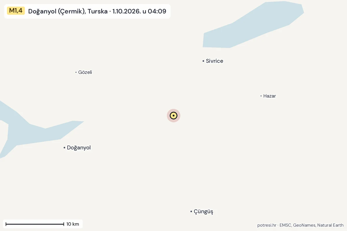 Karta: okolica epicentra, 60 km, potres M1,4, Doğanyol (Çermik), Turska, 1.10.2026.