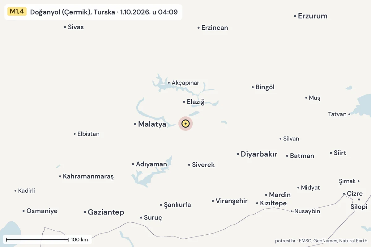 Karta: šire područje, 600 km, potres M1,4, Doğanyol (Çermik), Turska, 1.10.2026.
