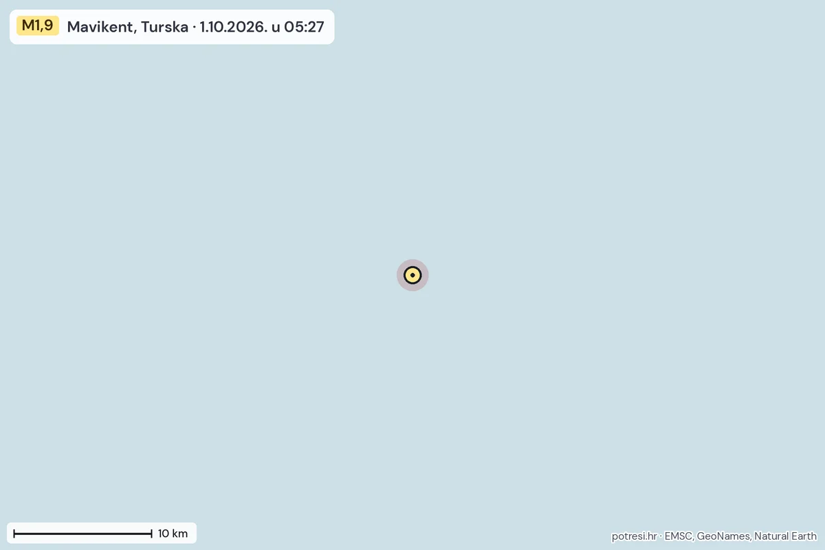 Karta: okolica epicentra, 60 km, potres M1,9, Mavikent, Turska, 1.10.2026.