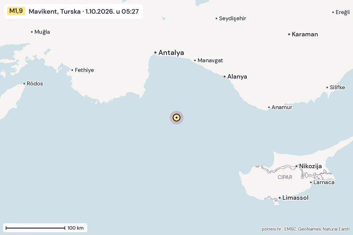 Karta: šire područje, 600 km, potres M1,9, Mavikent, Turska, 1.10.2026.