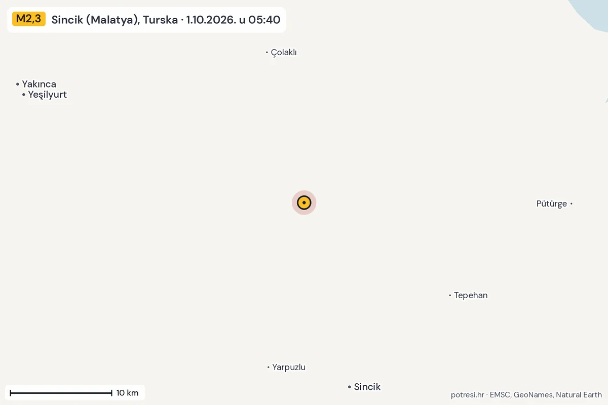 Karta: okolica epicentra, 60 km, potres M2,3, Sincik (Malatya), Turska, 1.10.2026.