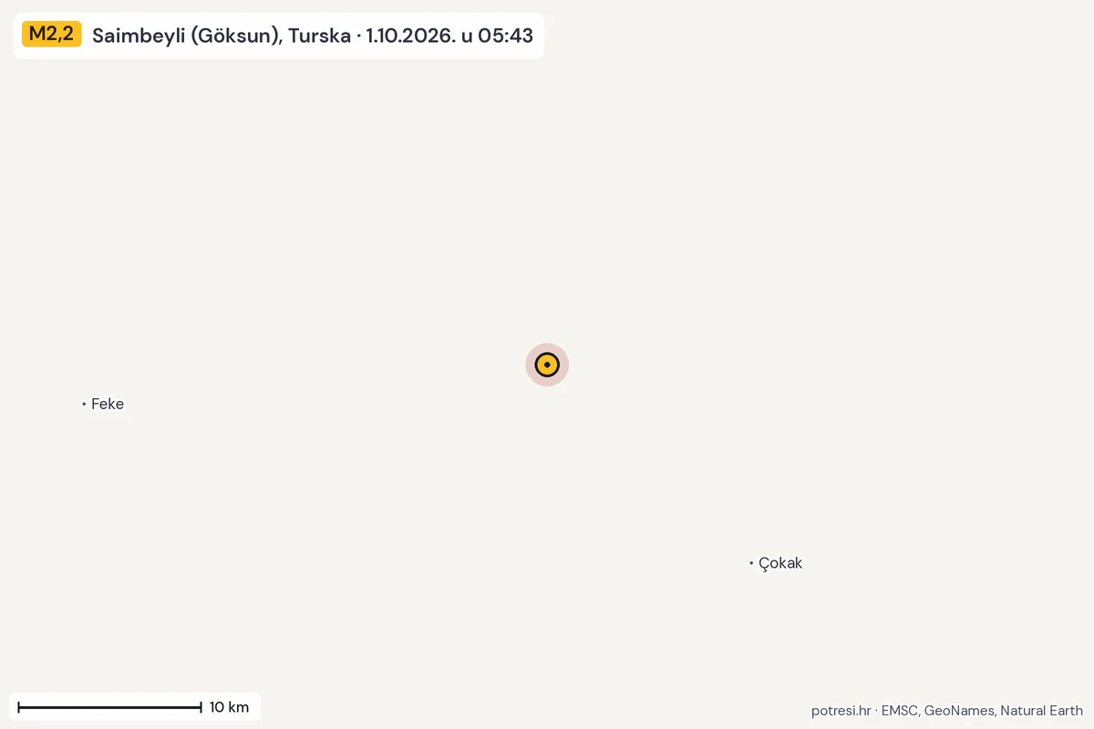 Karta: okolica epicentra, 60 km, potres M2,2, Saimbeyli (Göksun), Turska, 1.10.2026.