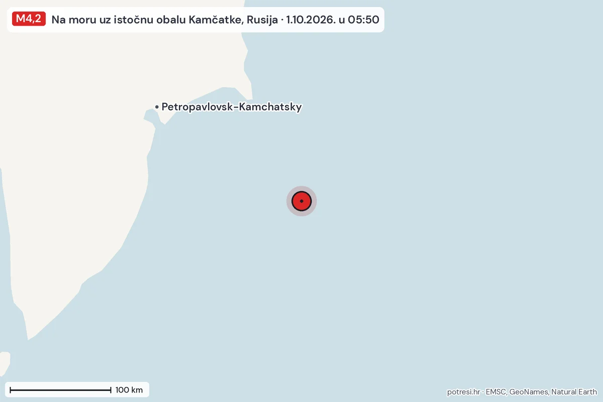 Karta: šire područje, 600 km, potres M4,2, Na moru uz istočnu obalu Kamčatke, Rusija, 1.10.2026.
