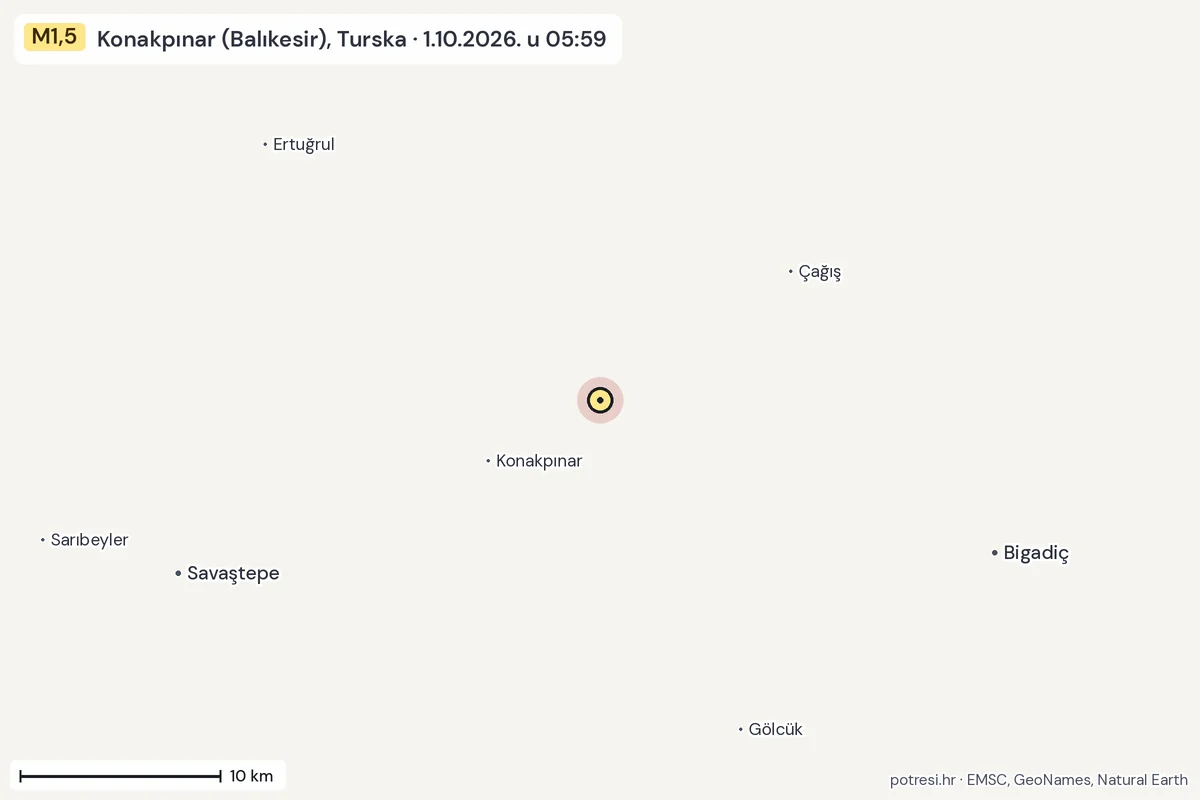 Karta: okolica epicentra, 60 km, potres M1,5, Konakpınar (Balıkesir), Turska, 1.10.2026.