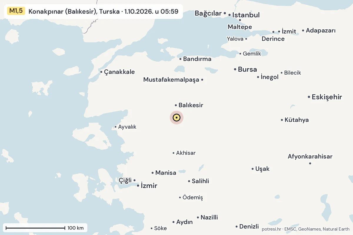 Karta: šire područje, 600 km, potres M1,5, Konakpınar (Balıkesir), Turska, 1.10.2026.