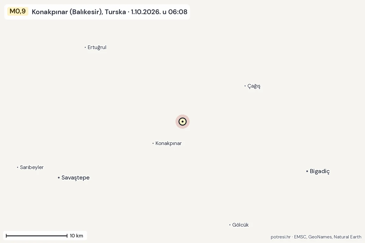 Karta: okolica epicentra, 60 km, potres M0,9, Konakpınar (Balıkesir), Turska, 1.10.2026.