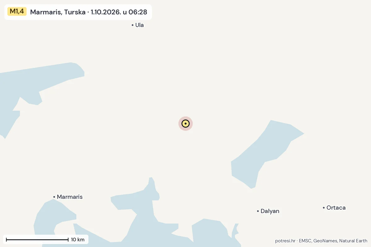 Karta: okolica epicentra, 60 km, potres M1,4, Marmaris, Turska, 1.10.2026.