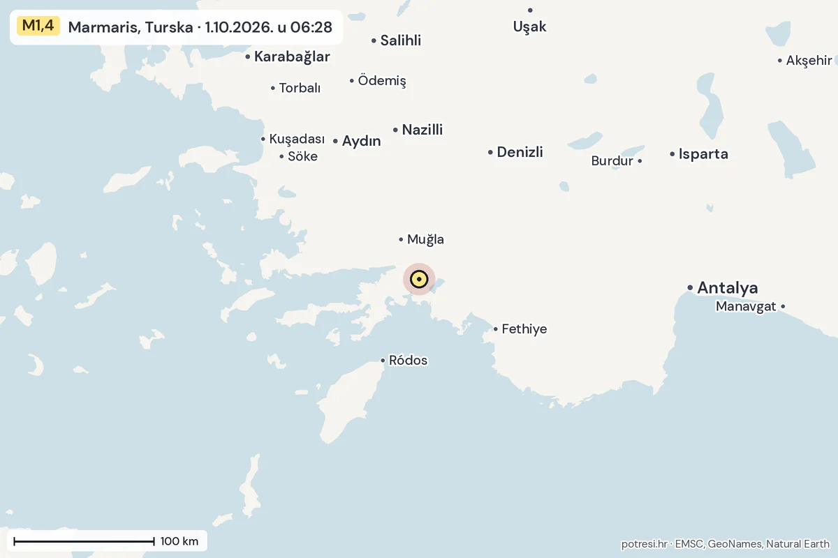 Karta: šire područje, 600 km, potres M1,4, Marmaris, Turska, 1.10.2026.