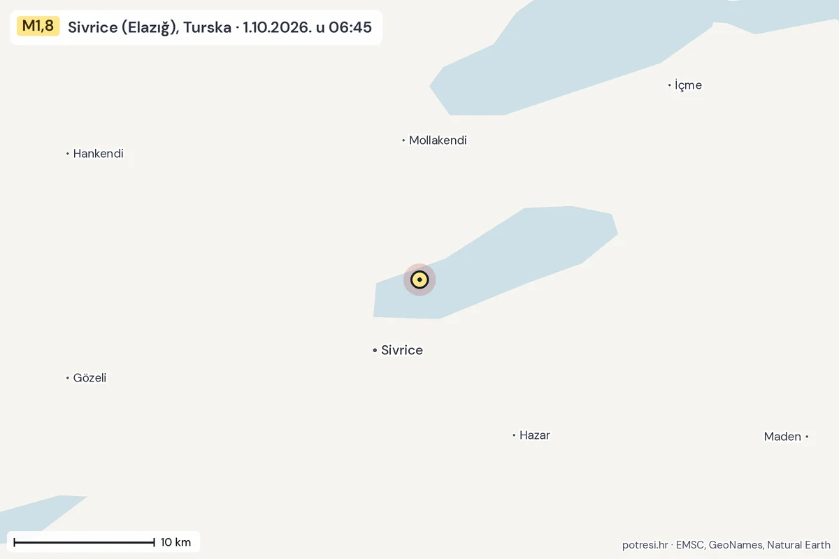 Karta: okolica epicentra, 60 km, potres M1,8, Sivrice (Elazığ), Turska, 1.10.2026.