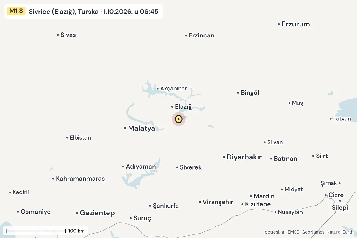 Karta: šire područje, 600 km, potres M1,8, Sivrice (Elazığ), Turska, 1.10.2026.