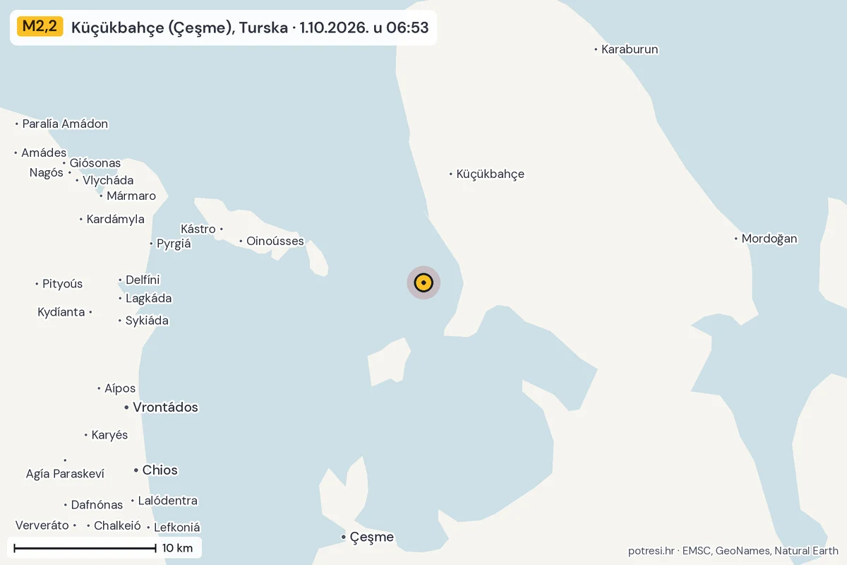 Karta: okolica epicentra, 60 km, potres M2,2, Küçükbahçe (Çeşme), Turska, 1.10.2026.