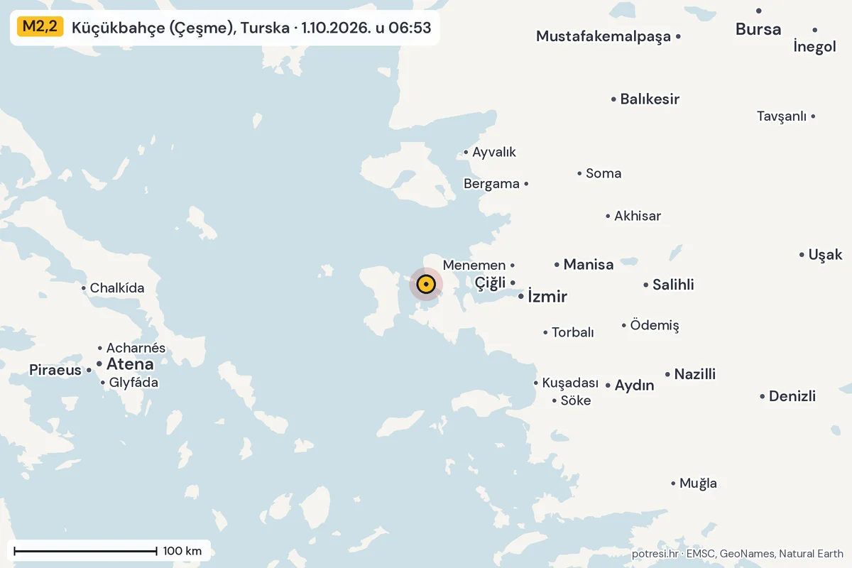 Karta: šire područje, 600 km, potres M2,2, Küçükbahçe (Çeşme), Turska, 1.10.2026.
