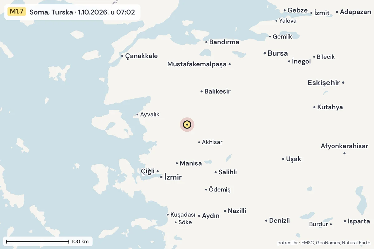 Karta: šire područje, 600 km, potres M1,7, Soma, Turska, 1.10.2026.