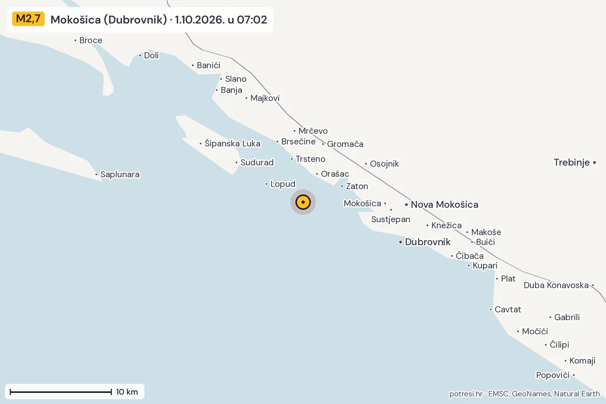 Karta: okolica epicentra, 60 km, potres M2,7, Mokošica (Dubrovnik), 1.10.2026.