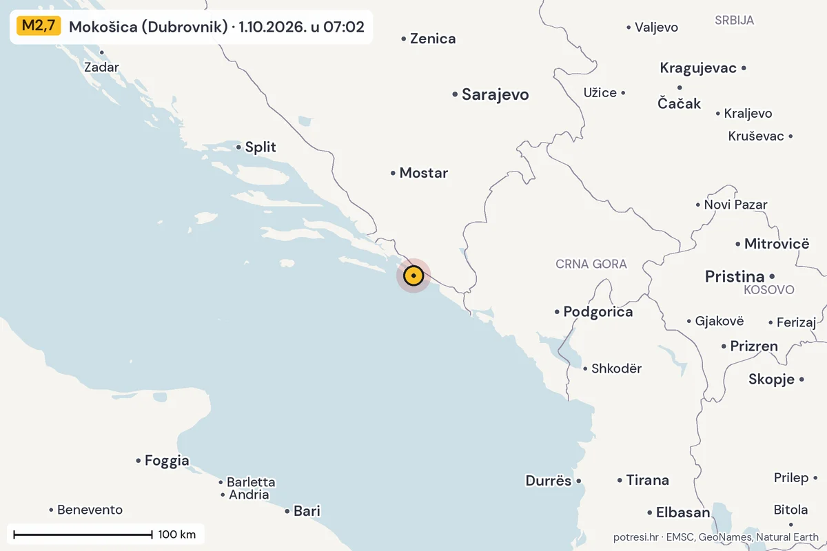 Karta: šire područje, 600 km, potres M2,7, Mokošica (Dubrovnik), 1.10.2026.