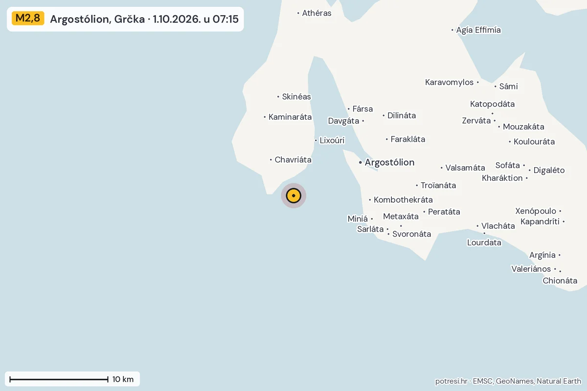 Karta: okolica epicentra, 60 km, potres M2,8, Argostólion, Grčka, 1.10.2026.
