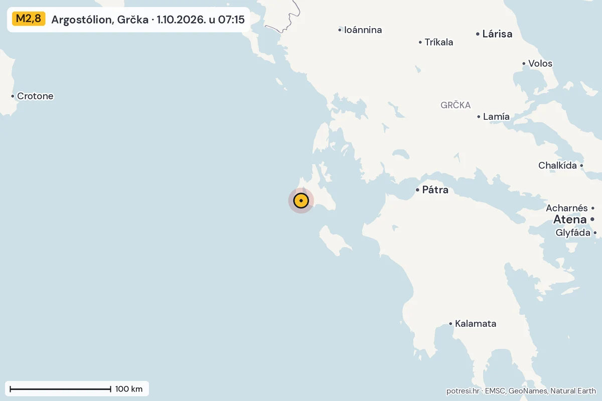 Karta: šire područje, 600 km, potres M2,8, Argostólion, Grčka, 1.10.2026.