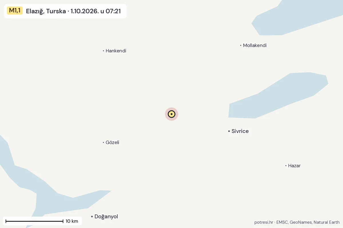 Karta: okolica epicentra, 60 km, potres M1,1, Elazığ, Turska, 1.10.2026.