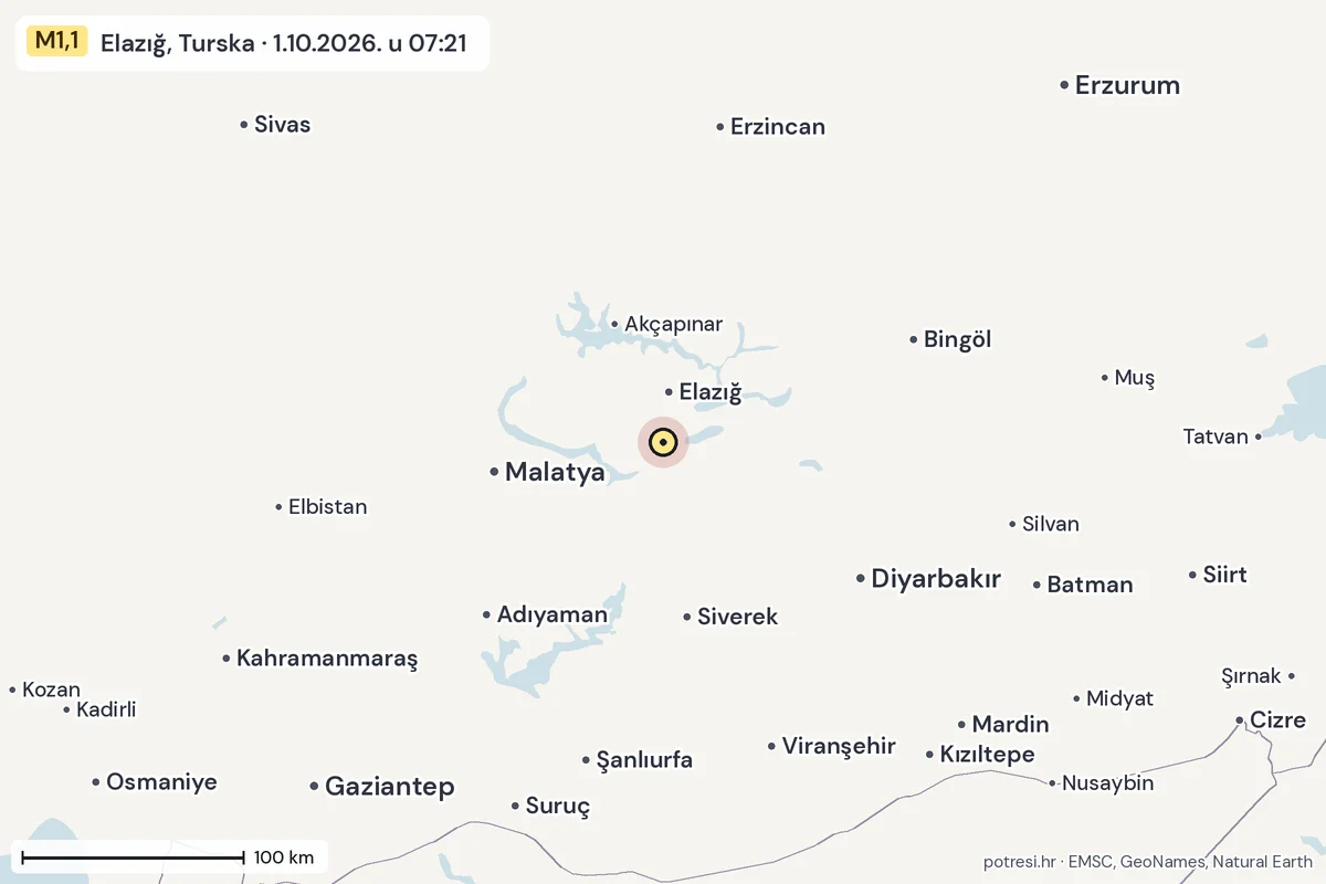 Karta: šire područje, 600 km, potres M1,1, Elazığ, Turska, 1.10.2026.